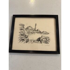 Signed Pencil Sketch Light House Art Framed Drawing Maine Artist 1969 Robbie